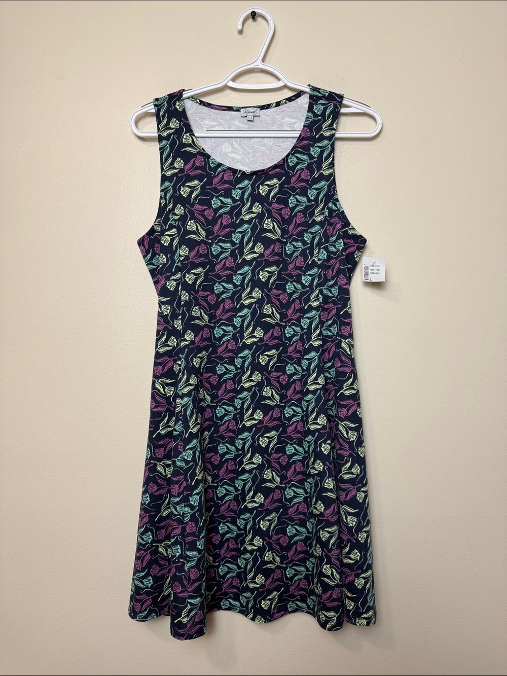 Kismet Navy Sleeveless Midi Dress with Mint, Purple, and Lime Leaf Print size L